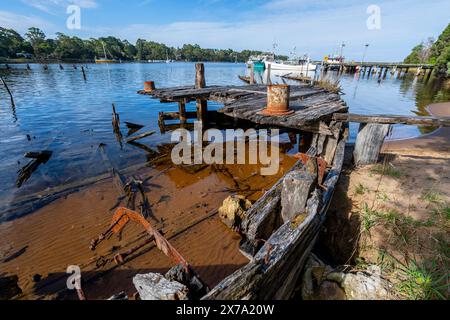 Restes de barges en bois abandonnés et pourris à Risby Cove, Strahan, côte ouest de la Tasmanie Banque D'Images