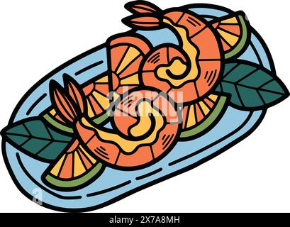 Les délicieuses crevettes et légumes sautés dessinées à la main en ligne Illustration de Vecteur