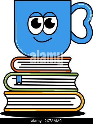 Retour à l'école rétro personnage funky. Tasse groovy avec un visage mignon sur une pile de livres ou de manuels. Illustration vectorielle contemporaine Illustration de Vecteur
