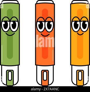Retour à l'école rétro contemporain vecteur compris Ensemble de marqueurs de caractères dans les couleurs vert, jaune et rouge avec des visages mignons. Éléments groovy funky sur un fond transparent. Illustration de Vecteur