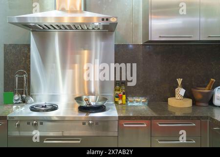 Plan intérieur d'une cuisine moderne. Doté d'un poêle élégant, d'un évier élégant et d'une hotte d'évacuation sophistiquée, cet espace incarne la fusion parfaite o Banque D'Images
