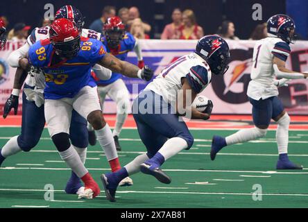 Jacksonville, Floride, États-Unis. 19 mai 2024. Ligue de football en salle Jacksonville Sharks vs Sioux Falls Storm. La tempête RB KeShawn Williams (41) élude le tacle de Sharks DL Ulric Jones (93). Crédit photo : Tim Davis/Alamy Live News Banque D'Images