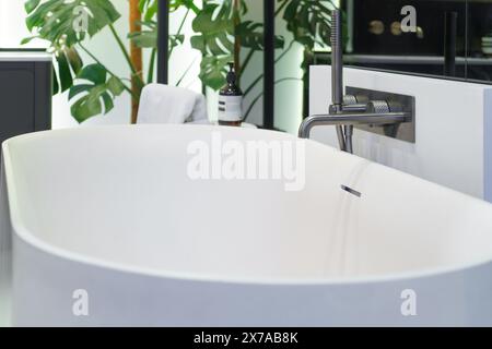 Combinaison moderne douche et baignoire conçue pour le luxe et la commodité, elle dispose d'un élégant boîtier en verre, luminaire contemporain Banque D'Images