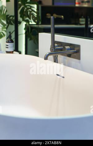 Combinaison moderne douche et baignoire conçue pour le luxe et la commodité, elle dispose d'un élégant boîtier en verre, luminaire contemporain Banque D'Images