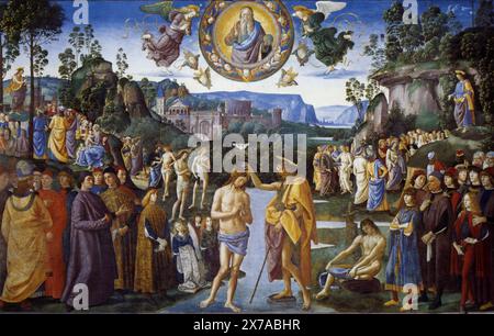 Le baptême du Christ est une fresque du peintre italien de la Renaissance Pietro Perugino et de son atelier, exécutée vers 1482 et située dans la chapelle Sixtine, à Rome. Banque D'Images