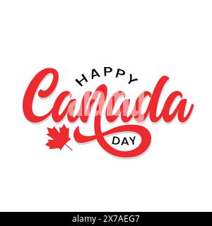 Logo de typographie joyeuse fête du Canada avec rouge un vecteur de feuille d'érable. Lettrage manuscrit pour célébrer la fête du Canada le 1er juillet. Carte de vœux, affiche Illustration de Vecteur