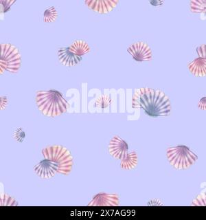 Coquilles Saint-Jacques en bleu, lilas et rose sur fond lilas. Illustration aquarelle. Motif sans couture. Pour tissus, textiles et wallpape Banque D'Images