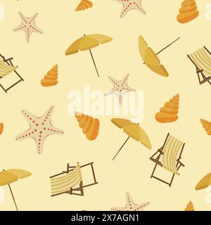 Poisson étoilé, coquille de mer, chaise de plage, parapluie, modèle sans couture, papier numérique, fond jaune, style plat, couleurs rétro Banque D'Images