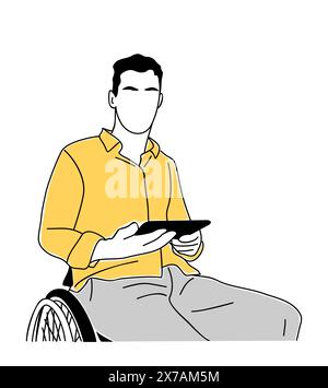 Homme d'affaires assis en fauteuil roulant avec tablette. Illustration de Vecteur