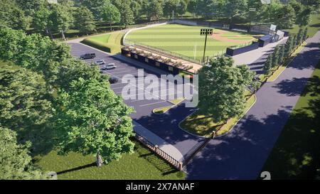 Vue aérienne terrain de baseball ou de baseball lumière du jour avec installations modernes de sport public visualisation 3D inclut bullpen dugout et café Banque D'Images