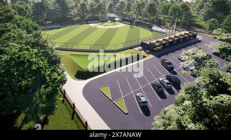 Vue aérienne terrain de baseball ou de baseball lumière du jour avec installations modernes de sport public visualisation 3D inclut bullpen dugout et café Banque D'Images