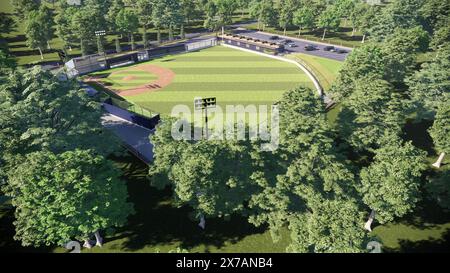 Vue aérienne terrain de baseball ou de baseball lumière du jour avec installations modernes de sport public visualisation 3D inclut bullpen dugout et café Banque D'Images