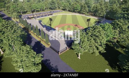 Vue aérienne terrain de baseball ou de baseball lumière du jour avec installations modernes de sport public visualisation 3D inclut bullpen dugout et café Banque D'Images