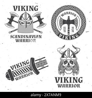 Ensemble de logos guerriers viking, badges, autocollants. Illustration vectorielle. Pour emblèmes, étiquettes et patch. viking de style monochrome en casque avec croisé Illustration de Vecteur