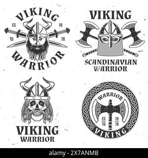 Ensemble de logos guerriers viking, badges, autocollants. Illustration vectorielle. Pour emblèmes, étiquettes et patch. viking de style monochrome en casque avec croisé Illustration de Vecteur