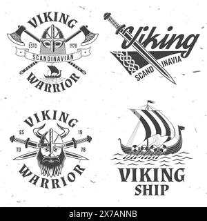 Ensemble de logos guerriers viking, badges, autocollants. Illustration vectorielle. Pour emblèmes, étiquettes et patch. viking de style monochrome en casque avec croisé Illustration de Vecteur