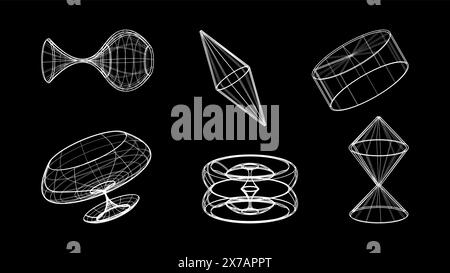 Modèles filaires 3D d'objets ligne de réseau. Formes géométriques atmosphère future. Design rétro futuriste pour élément technologique ou scientifique. Illustration vectorielle. Illustration de Vecteur
