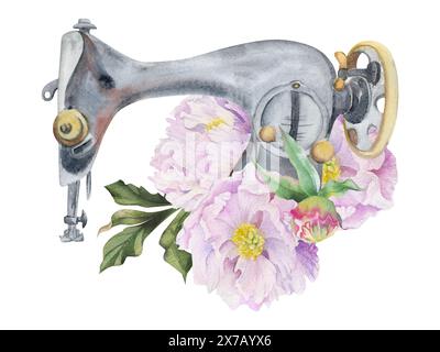 Illustration d'aquarelle dessinée à la main couture fournitures d'artisanat. Machine à coudre rétro vintage avec fleurs et feuilles de pivoine roses. Composition isolée sur Banque D'Images