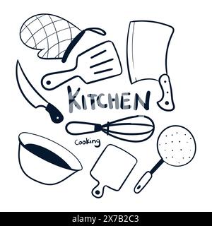 Vecteur d'outils de cuisine dessinés à la main. Icônes vectorielles des articles de cuisine. Outils de cuisine Doodle. Illustration de Vecteur