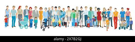 Un très grand groupe de personnes avec des parents avec des enfants, illustration isolée Illustration de Vecteur