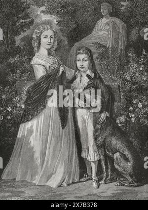 Portrait de deux des enfants de Louis XVI de France (1754-1793) et Marie-Antoinette (1755-1793) : Marie-Thérèse (1778-1851), dite Madame Royale, et Louis Charles (1785-1795), dit Louis XVIIème dessin d'Hippolyte de la Charlerie. Gravure par Pannemaker. "Histoire de la Révolution française". Volume I, 1876. Banque D'Images