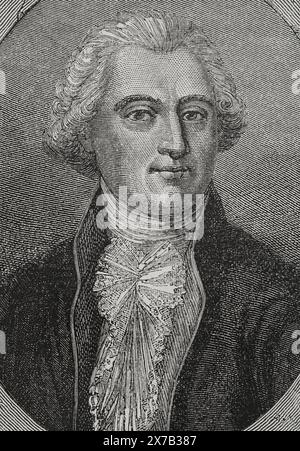 Antoine-François Bertrand de Molleville (1744-1818) Politicien français, fervent royaliste. Maître des requêtes (Maître des requêtes) en 1774. Ministre de la Marine et des colonies (1790-1792). Avant et après le 10 août 1792, il tenta d'organiser une évasion pour le roi Louis XVI, mais il fut finalement contraint de fuir lui-même en Angleterre. Portrait. Dessin de Liénard. Gravure par Pannemaker. "Histoire de la Révolution française". Volume I, 1876. Banque D'Images