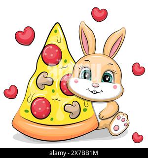 Lapin de dessin animé mignon avec un gros morceau de pizza. Illustration vectorielle de l'animal sur un fond blanc avec des coeurs rouges. Illustration de Vecteur