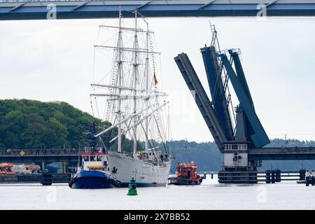 Stralsund, Allemagne. 19 mai 2024. Le voilier « Gorch Fock I » est remorqué par des remorqueurs depuis le chantier naval de Volkswagen à travers les ponts Ziegelgraben et Rügen jusqu'au port de la ville. Après d'importantes réparations sur le voilier vieux de 90 ans au chantier naval, le navire sera amarré dans le port de la ville en tant que navire-musée à l'avenir. Crédit : Stefan Sauer/dpa/Alamy Live News Banque D'Images