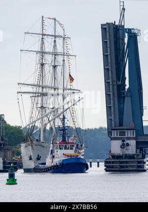 Stralsund, Allemagne. 19 mai 2024. Le voilier « Gorch Fock I » est remorqué par des remorqueurs depuis le chantier naval de Volkswagen à travers les ponts Ziegelgraben et Rügen jusqu'au port de la ville. Après d'importantes réparations sur le voilier vieux de 90 ans au chantier naval, le navire sera amarré dans le port de la ville en tant que navire-musée à l'avenir. Crédit : Stefan Sauer/dpa/Alamy Live News Banque D'Images