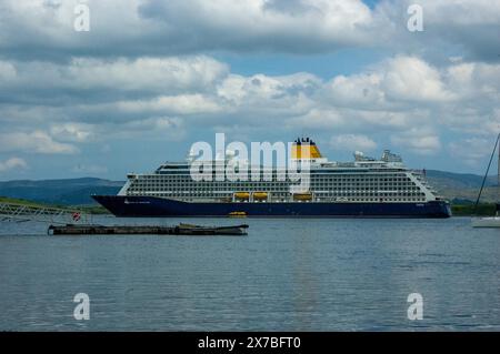 Dimanche 19 mai 2024, Bantry West Cork Ireland ; le deuxième de cette semaine, Spirit of Adventure est arrivé au port de Bantry aujourd'hui. Le paquebot de croisière, transportant 800 passagers et équipage, est arrivé à 8 heures du matin et les passagers ont débarqué pour des excursions d'une journée à Killarney, la péninsule de Beara et autour de la ville de Bantry. L'équipage du Bantry Longboat, Unite, se prépare à commencer l'entraînement avec le paquebot dans la baie. Credit ; ED/Alamy Live News Banque D'Images