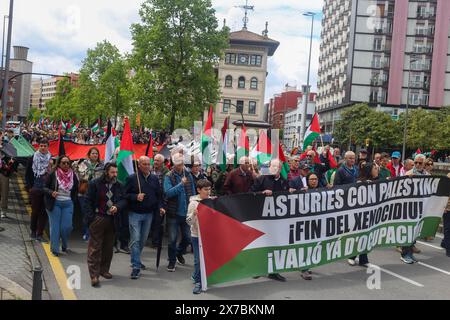 Gijón, Espagne, 19 mai 2024 : des centaines de personnes se sont rassemblées dans les rues de Gijón lors de la manifestation Halte au génocide, de la fin des relations et de l'achat et de la vente d'armes avec Israël, le 19 mai 2024, à Gijón, Espagne. Crédit : Alberto Brevers/Alamy Live News. Banque D'Images