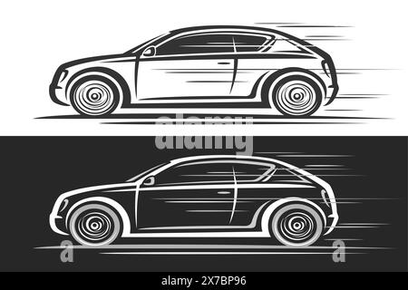 Logo vectoriel pour voiture à hayon, bannière décorative automobile avec illustration simple de contour de monochrome élégante voiture sportive en mouvement, clipa de contour Illustration de Vecteur