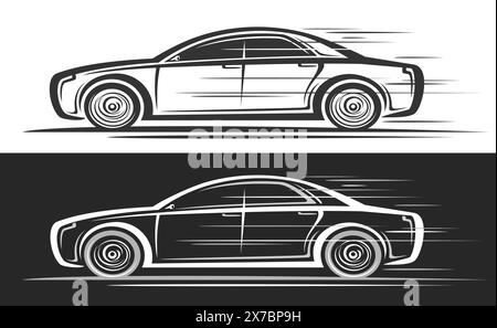 Logo vectoriel pour voiture de berline, bannière décorative automobile avec illustration simple de contour de monochrome luxe élégant concept car en mouvement, contour c Illustration de Vecteur
