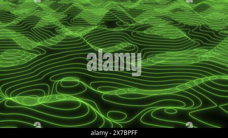 Ligne d'élévation verte topographie lignes de courbe de montagnes rendu 3D. Banque D'Images