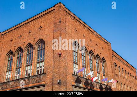 Drapeaux sur la façade de l'école Copernic à Torun, en Pologne Banque D'Images