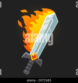Épée flamboyante de fantaisie de dessin animé. Arme de jeu vidéo avec attaque de flamme de feu magique. Illustration vectorielle plate simple. Illustration de Vecteur