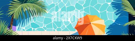 Une plage, scène de piscine avec palmier et parasol. Illustration de Vecteur