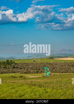 Vérins de pompage produisant du pétrole brut à partir de puits près de Longview, dans les contreforts du sud de l'Alberta Banque D'Images