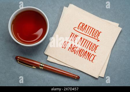 gratitude - l'attitude de l'abondance note d'inspiration sur une serviette, concept de positivité Banque D'Images