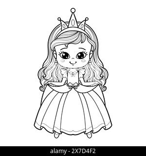 Jolie petite princesse de dessin animé dans une belle robe avec de longs cheveux. Dessin linéaire noir et blanc. Pour la conception pour enfants de livres de coloriage, impressions, pos Illustration de Vecteur