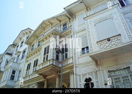 Vue sur yalı - maisons traditionnelles en bois construites sur la rive du détroit du Bosphore. Architecture dans la région d'Arnavutkoy (Istanbul, Türkiye). Banque D'Images