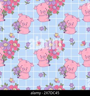 Modèle sans couture avec des cochons mignons avec des fleurs de bouquet sur fond bleu à carreaux avec des papillons. Personnage animal kawaii drôle festif. Vecteur illu Illustration de Vecteur