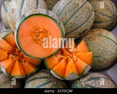 Melons Cavaillon sur un marché fermier en Provence, France Banque D'Images