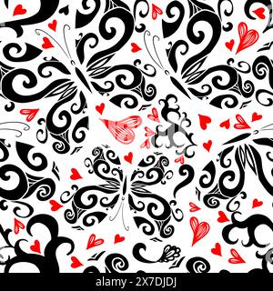 Motif sans couture de papillons graphiques et de coeurs rouges. dessin à la main. Pas ai, illustration vectorielle Illustration de Vecteur