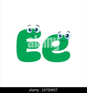 Mignon vert majuscule et minuscule lettre E personnage de dessin animé. Illustration vectorielle dessinée à la main isolée sur fond blanc. Illustration de Vecteur