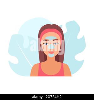 Portrait de fille utilisant des bandes nettoyantes pour les pores sur le front, le nez et le menton illustration vectorielle Illustration de Vecteur