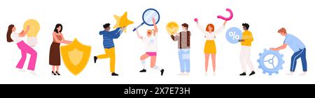 Les gens avec différentes icônes et les signes de services en ligne sont définis. Les personnages masculins et féminins tiennent l'ampoule et l'étoile, le bouclier et la loupe, l'engrenage et l'illustration vectorielle de dessin animé de symbole de pourcentage Illustration de Vecteur