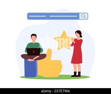 Recherche de commentaires clients sur le Web, qualité des produits et classement de réputation. Les gens minuscules évaluent l'expérience avec les meilleurs résultats et aime, les personnages donnant les pouces vers le haut et l'illustration vectorielle de dessin animé d'étoile d'or Illustration de Vecteur
