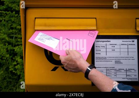 Bulletin de vote postal, boîte aux lettres, insérer enveloppe de papier de vote, rouge clair, rose, élections européennes, élections municipales, Elections locales, Stuttgart Banque D'Images