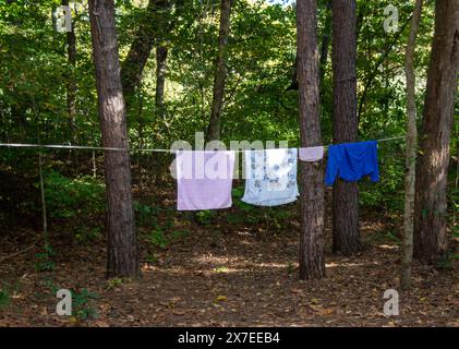 Les campeurs chevronnés savent comment utiliser la nature et les environs pour monter une ligne de vêtements pour sécher les serviettes et les vêtements. Banque D'Images